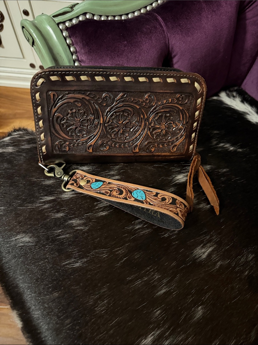 Double J Saddlery Hand-Tooled Brown Leather Wristlet Wallet with Myra Strap